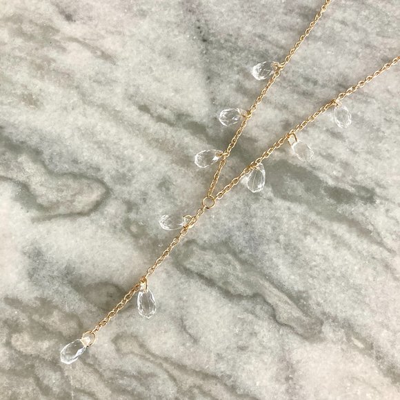 Water Drop Clear Crystal Pendant Gold Strand Necklace - Picture 8 of 8